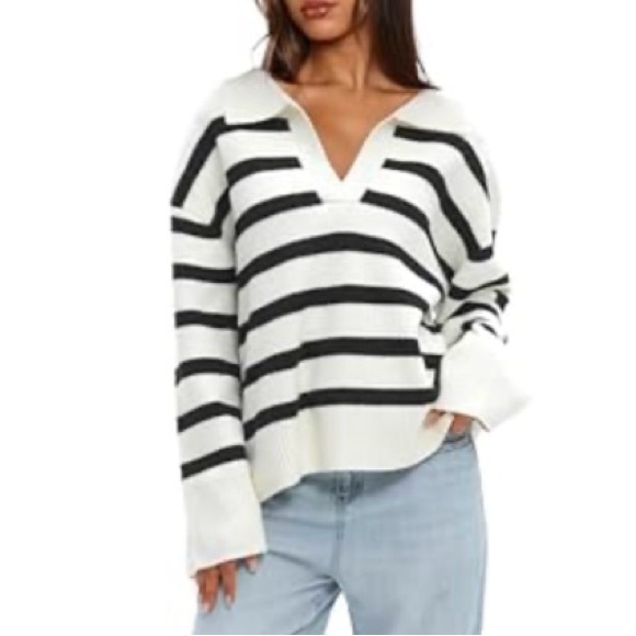 Darong Womens Oversized Striped Pullover Sweaters Polo V Neck Knitted Pullover - Picture 1 of 2